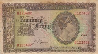 Luxembourg Banknote 20 Frang (1943) Grand Duchess Charlotte B - 327 P - 42 Vf