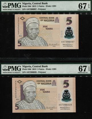 Tt Pk 38d 2013 Nigeria 5 Naira " Polymer " Pmg 67q Gem Unc Set Of Two Notes