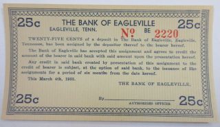 Tn.  Bank Of Eagleville,  Tenn.  1933 25cts Unissued Depression Scrip S/n 2220 Unc