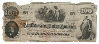 1862 Confederate States Csa $100 One Hundred Dollar Civil War Bill Note Hconf621