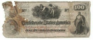 1862 Confederate States Csa $100 One Hundred Dollar Civil War Bill Note H62conf2