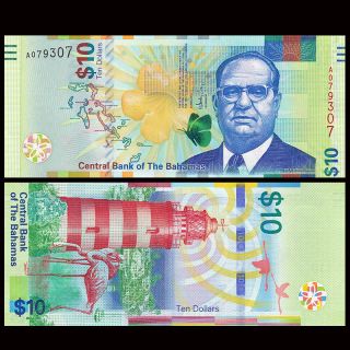 Bahamas 10 Dollars,  2016,  P -,  Colorful,  Design,  Unc