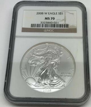 2008 W American Silver Eagle Ngc Ms70 Burnished West Point Perfect Coin