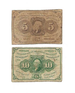 Set Of 2 U.  S.  Fractional Notes: 5 Cents,  10 Cent Notes 1860s Fine,  /vf