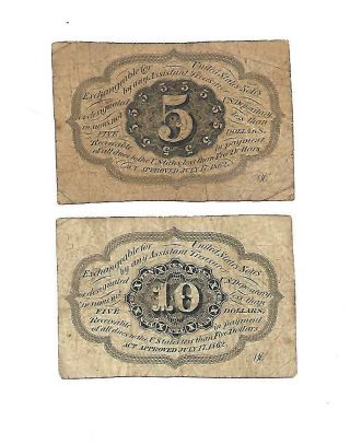 Set of 2 U.  S.  Fractional notes: 5 Cents,  10 Cent notes 1860s Fine,  /VF 2
