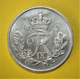 Denmark 25 Ore 1959 Almost Uncirculated Coin Key Date