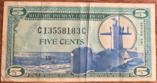 Series 681,  1969 - 1970 5 Cents Military Payment Certificate Five Cents Currency