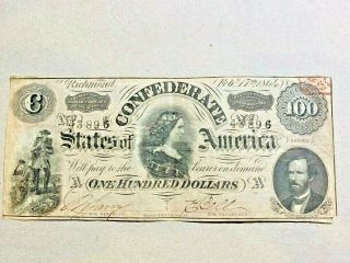 1864 $100 Dollar Confederate States Of America Note - Richmond Cond