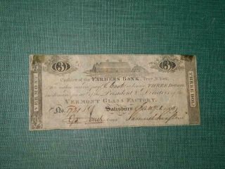 Good,  January 1,  1814 $3 Vermont Glass Factory / Farmers Bank Note