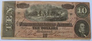 1864 $10 Confederate States Of America Note,  Richmond Currency Bill (151007k)