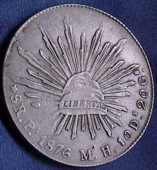 Sharp 1876 Pi Mh San Luis Potosi Mexico Republic Silver Cap & Ray 8 Reales Coin
