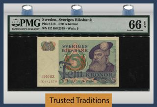 Tt Pk 51b 1970 Sweden - Sveriges Riksbank 5 Kronor Pmg 66 Epq Gem Uncirculated
