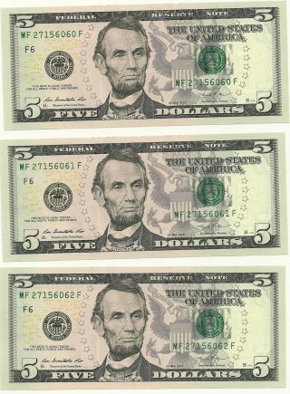 2013 $5 Dollar Bill Consecutive Set Of Three Uncirculated Notes Us Paper Money U