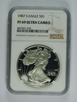 1987 S $1 Silver American Eagle Ngc Pf 69 Ultra Cameo