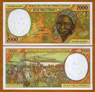 Central African States,  Congo,  2000 Francs,  2002 P - 103ch Unc Woman,  Market