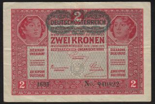 1917 Austria 2 Kronen 1919 Overprint Old Paper Money Banknote Currency P 50 Vf