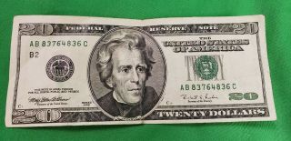 1996 $20 Twenty Dollar Bill Note U.  S.  Currency Serial Ab 83764836 C