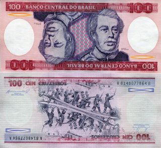 Brazil 100 Cruzeiros Banknote World Paper Money Unc Currency Pick P198b Bill