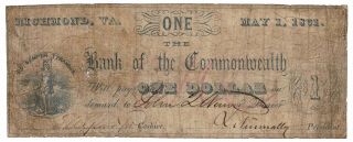 May 1,  1861 Bank Of The Commonwealth Of Virginia $1 One Dollar Obsolete Note