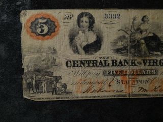 1862 Stauton $5.  00 Central Bank of Virginia Obsolete Type Note 2