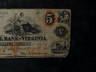 1862 Stauton $5.  00 Central Bank of Virginia Obsolete Type Note 3