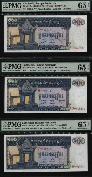 Tt Pk 12b Nd (1963 - 72) Cambodia Banque Nationale 100 Riels Pmg 65q Gem Set Of 3