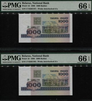 Tt Pk 16 1998 Belarus National Bank 1000 Rublei Pmg 66 Epq Sequential Gem Set