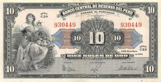 Perú 10 Soles De Oro 26.  5.  1944 Series C 29 Circulated Banknote L15