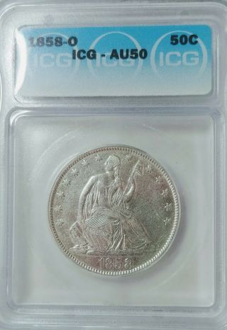 1858 O Seated Liberty Half Icg Au50 Silver 50c Coin Lists At $260