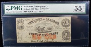 1863 State Of Alabama 25 Cent Treasury Note,  Montgomery Pmg 55 Net (004)
