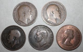 5 British Large Penny Coins 1908 - 1967 Edward George Elizabeth Britain Uk 1 One