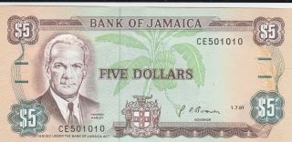 5 Dollars Aunc Banknote From Jamaica 1991 Pick - 70d