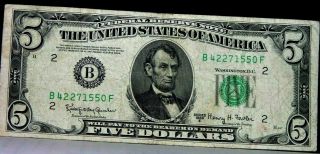 1950 E 5 Dollar Federal Reserve Note Green Seal - Vf - Serial B 42271550 F