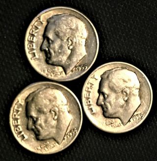 1955 P - D - S 10c Silver Roosevelt 3 - Dime Set.  Set Is Vf/xf.  Only $1