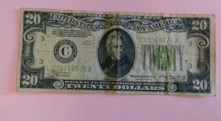 1934 C Federal Reserve Bank Of Philadelphia Pa.  Twenty Dollar Bill.  $20.  00
