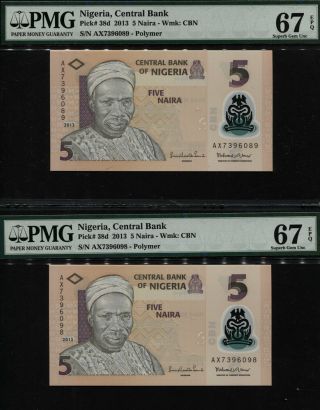 Tt Pk 38d 2013 Nigeria Central Bank 5 Naira " Polymer " Pmg 67q Set Of Two