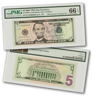 2009 $5 Federal Reserve Note From 2012 Coin & Currency Set - Pmg 66 Epq (10135)