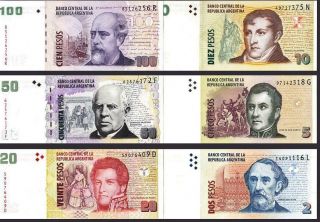 Argentina Set 2 5 10 20 50 100 Pesos 2006 2015 P 352 353 354 355 356 357 Unc