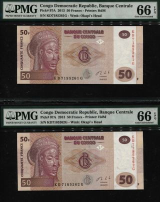 Tt Pk 97a 2013 Congo Democratic Republic 50 Francs Pmg 66 Epq Sequential Set