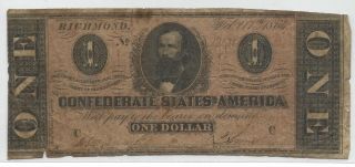 Vintage Confederate States America One Dollar No.  17038 Richmond Feb.  17,  1864