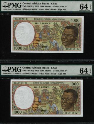 Tt Pk 602pg 2000 Central African States / Chad 1000 Francs Pmg 64q Set Of Two