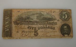 1864 $5 Confederate Civil War Richmond Bank Note - 57519