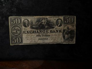 1860 $50.  00 Norfolk Virginia Exchange Bank Obsolete Better Type Note