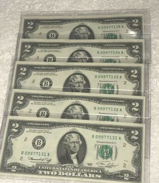 1976 York Uncirculated Two Dollar Bill Crisp $2 Sequential 5 Notes Rare