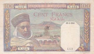 Banque De Algeria 100 Francs 1941 P - 85 Vf Vichy Government