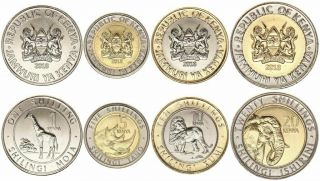 Kenya Set 4 Coins 1 5 10 20 Shillings 2018 Bi - Metallic Unc