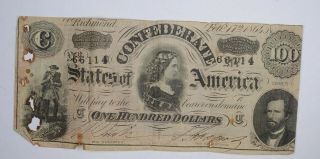 Civil War 1864 $100.  00 Confederate States Horse Blanket Note 666