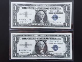 2 Consecutive 1957 B $1 Dollar Bill,  Silver Certificate (blue Seal) Uncirculated