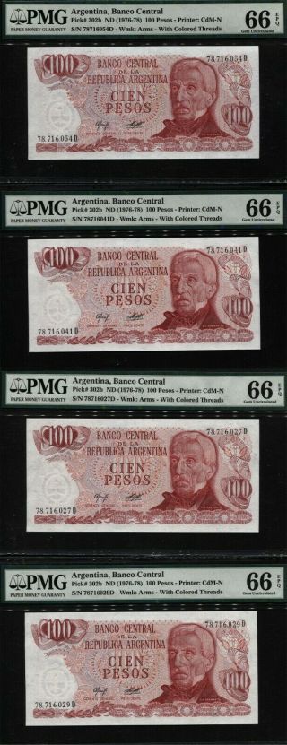 Tt Pk 302b 1976 - 78 Argentina 100 Pesos " San Martin " Pmg 66q Gem Set Of Four
