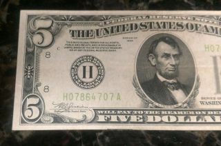 1934 Circulated Five Dollar $5 Lime Seal Note 3